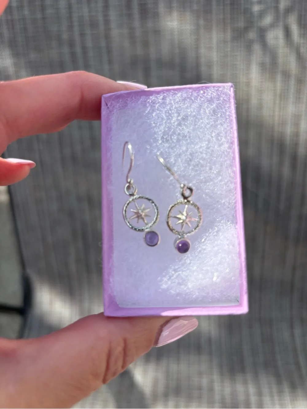 Sterling Silver Starburst Drop Earrings with Amethyst Accent - Purple